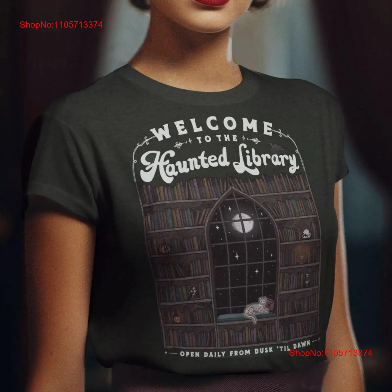 Vintage Fashion Library - Camiseta con diseño de biblioteca embrujada,