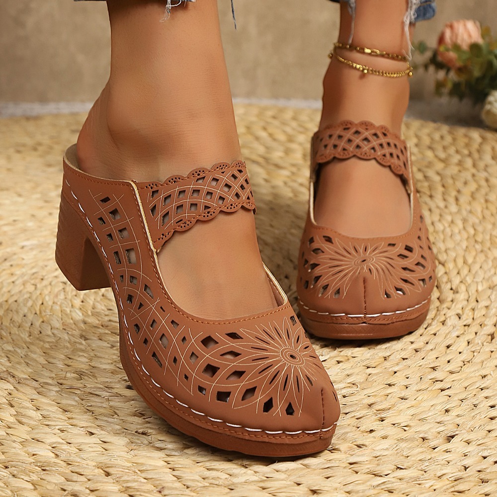 Vintage Fashion Dresses - Mules de tacón grueso con diseño
