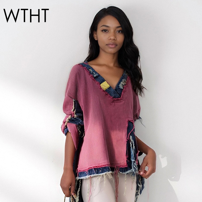 Vintage Fashion Influencer - WTHT moda mujer Denim empalmado suéter