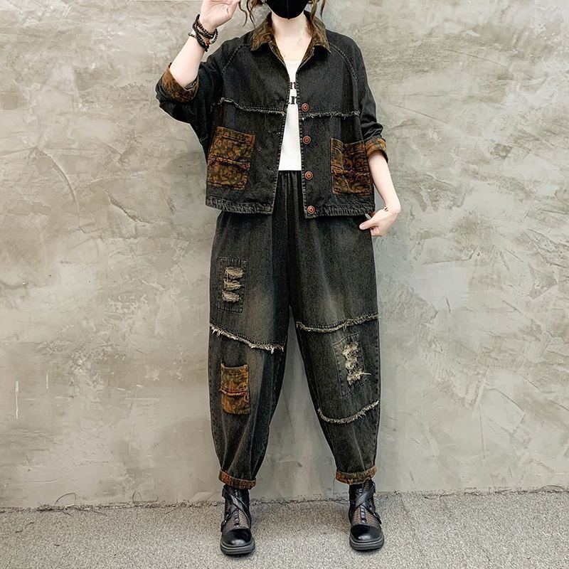 Patchwork Jean Jacket - Conjunto Vaquero Retro para Mujer, Otoño